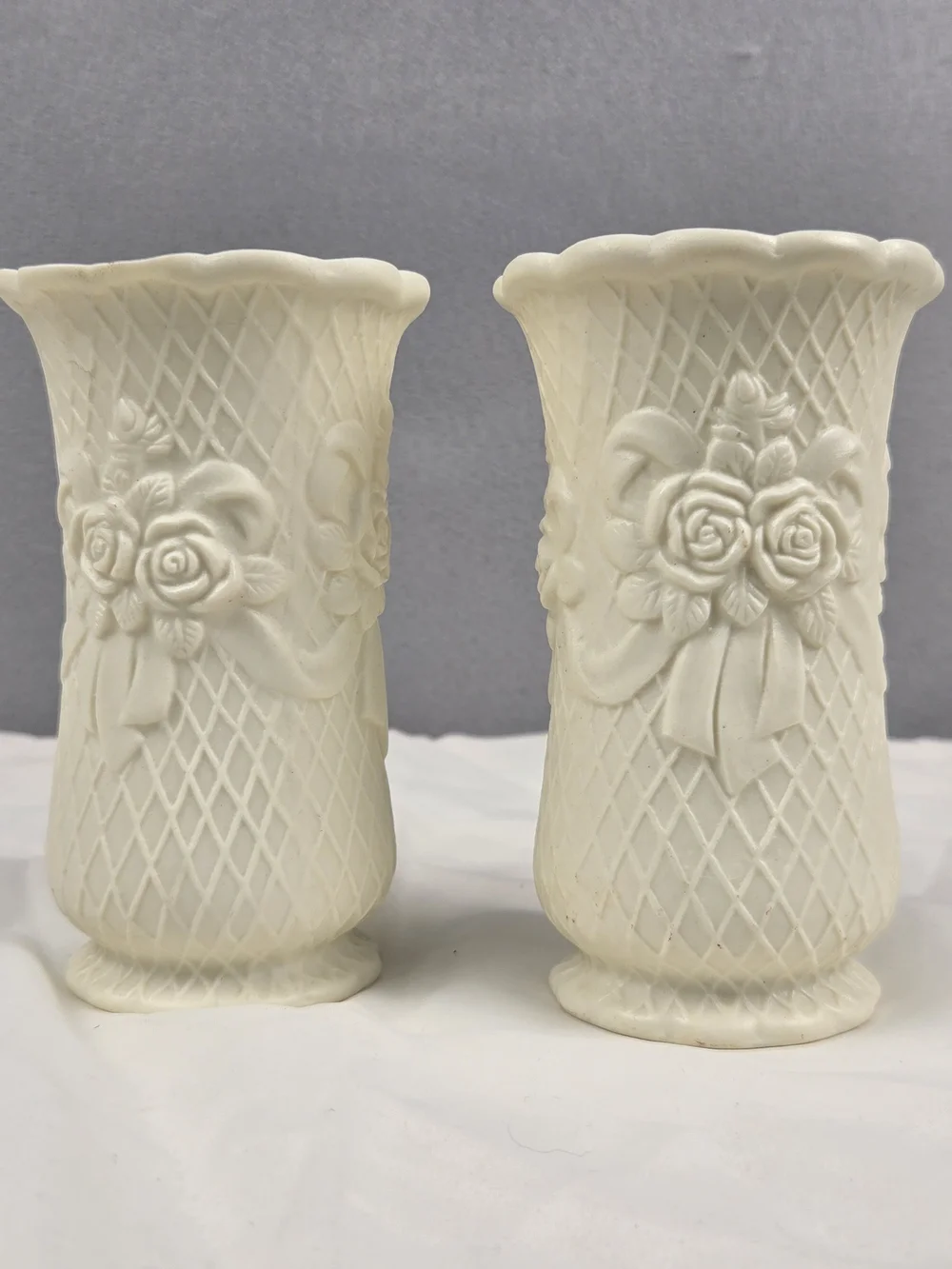 Pair of Vintage Porcelain Bisque Rose & Lattice Vases